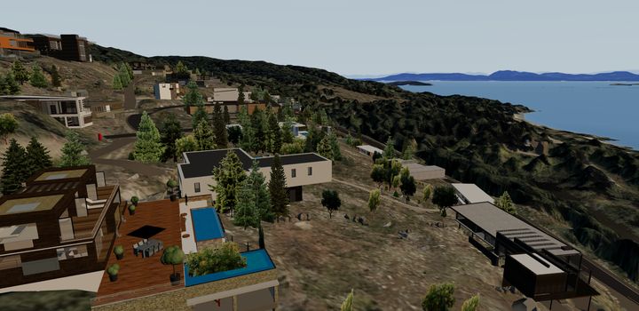 Sample homes on the hillside above the shore